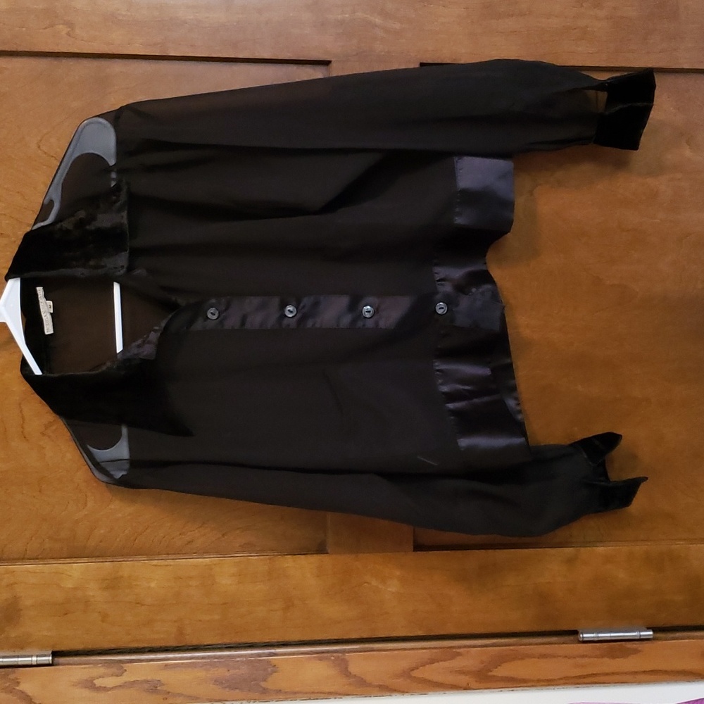 Sheer black blouse with velvet collar and cuffs, satin waist, with pockets.Bin#9